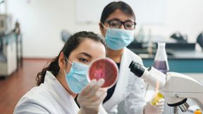 Zwei Studierende arbeiten an Mikroskop-Untersuchungen im Labor.